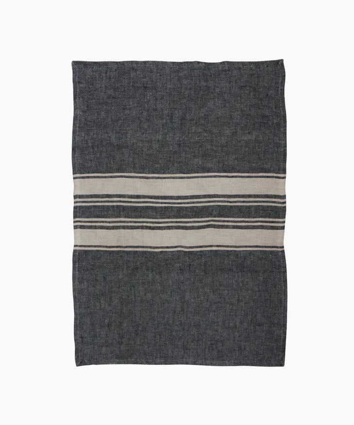 Twill Tea Towel Charcoal with Narrow Natural Stripe