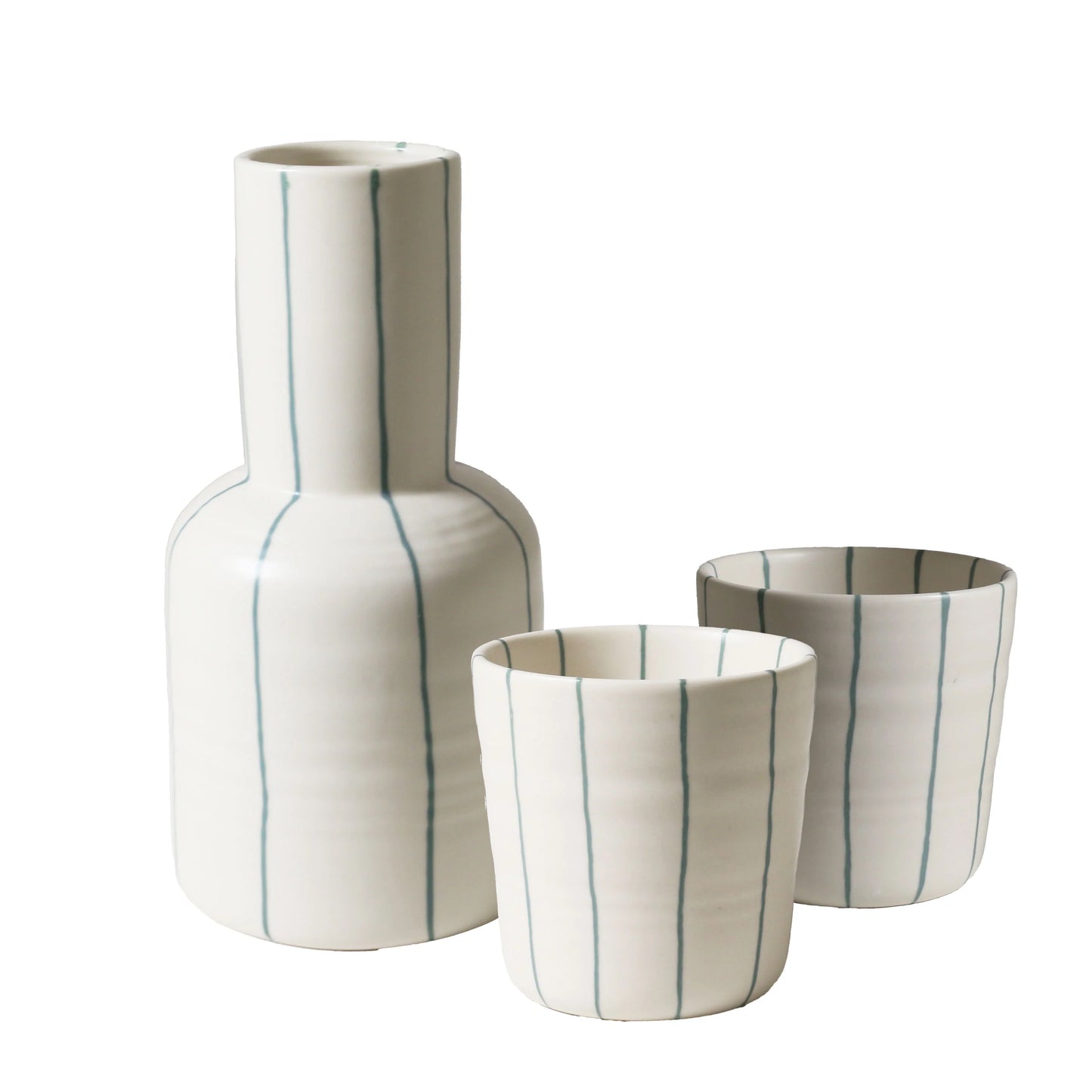 Carafe & 2 Cups Set - Coastal Junction Cream w/ Green Stripe