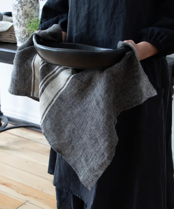 Twill Tea Towel Charcoal with Narrow Natural Stripe