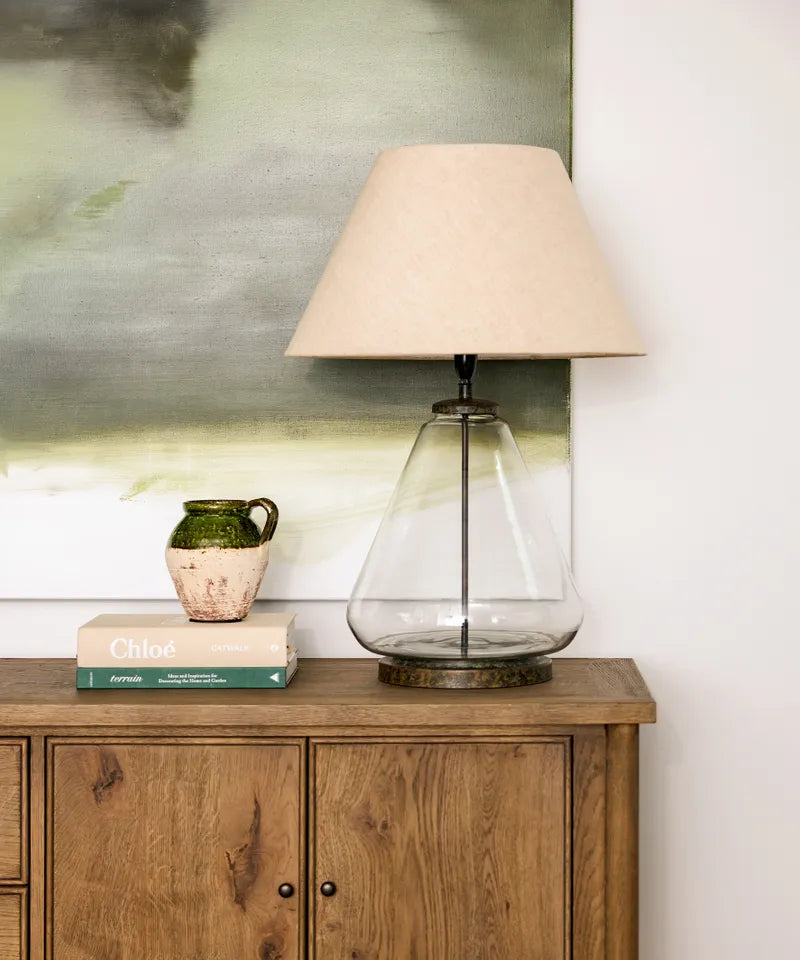Tear Shape Glass Lamp with Black Coolie Linen Shade
